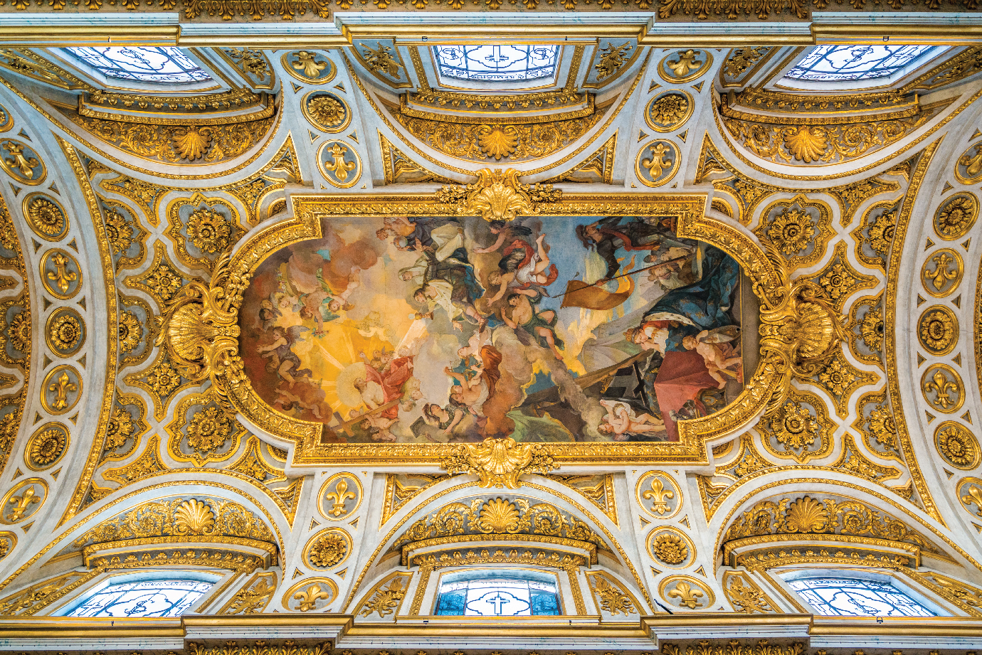 An ornate baroque-style ceiling