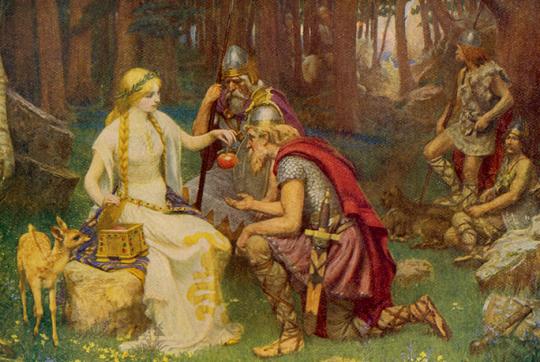 painting of Norse vikings, a woman, and a deer
