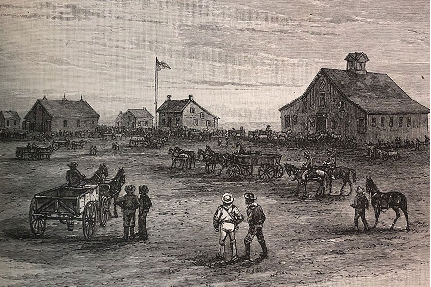 Depiction of a small American rural town circa early 1800s