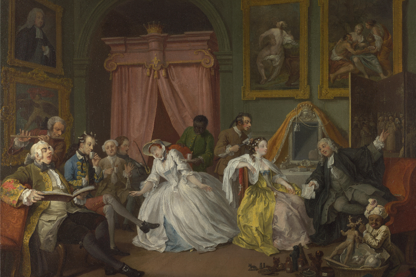 A 18th century painting of aristocratic women and men socializing in a parlor
