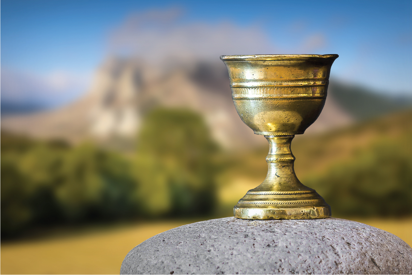 A gold goblet a top a rock