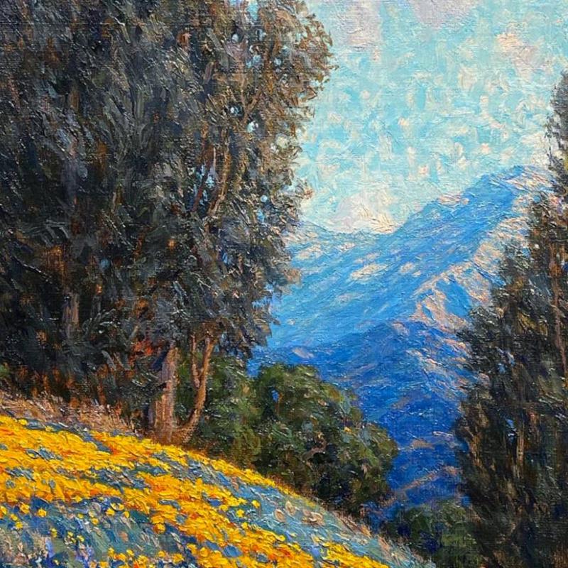 painting of California landscape, trees and hills
