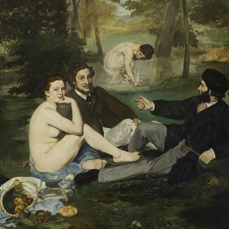 Painting of two women and two men sitting in the forest