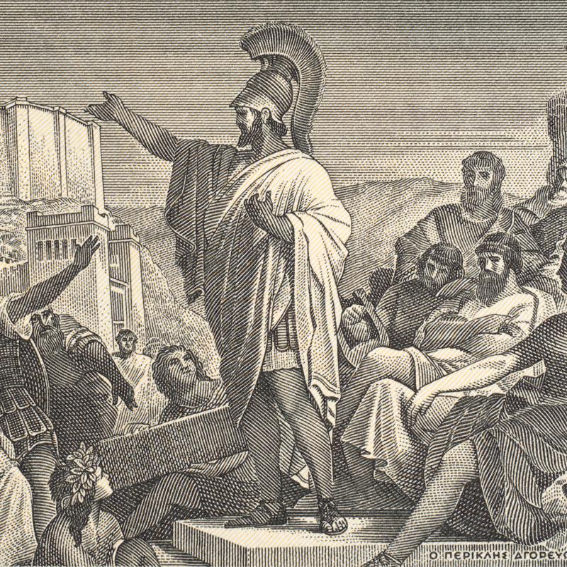 lithograph of man in a robe and helmut