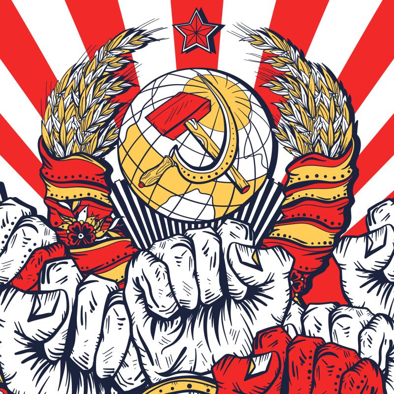 illustration of hammer and sickle with fists in the air