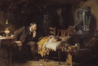 The famous Victorian-era painting by Fildes titled "The Doctor" depicting  a doctor attending to a sick child at the child's home.