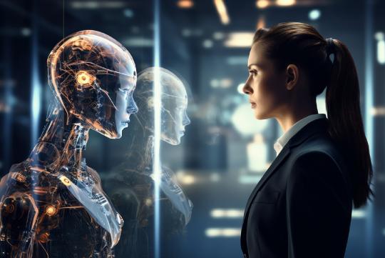 A woman looking at an AI generated robot of herself.