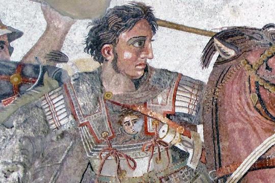 A mosaic of Alexander the Great on his horse, brandishing his sword.