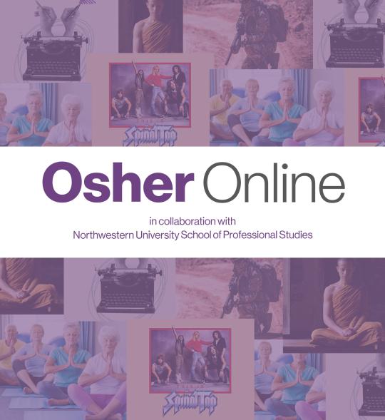 A large image with a myraid of smaller blurred images in the background with the text, "Osher Online" in the center