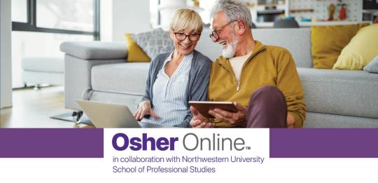 photo of woman and man viewing their computers over Osher Online logo