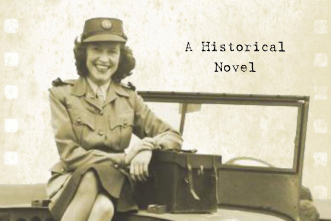 A smiling woman war correspondent in her uniform and hat sitting on the hood of a jeep